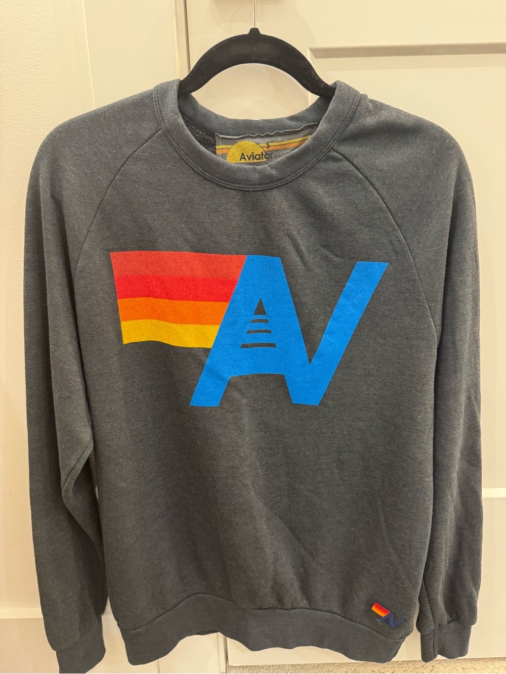 Aviator Nation Charcoal Retro AV Logo Sweatshirt - Blue/Red/Yellow - Size Small